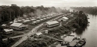 Em 1928, Fordlândia combina água encanada e saneamento com três equipamentos públicos antes de Belém e Santarém oferecerem os mesmos serviços Em 1928, Fordlândia combina água encanada e saneamento com três equipamentos públicos antes de Belém e Santarém oferecerem os mesmos serviços