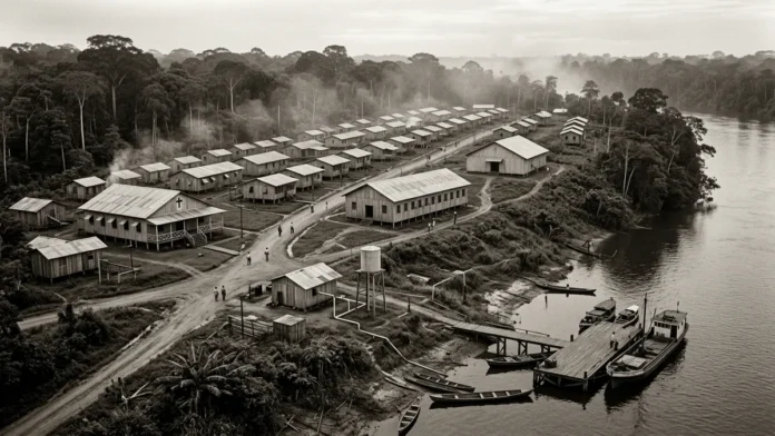 Em 1928, Fordlândia combina água encanada e saneamento com três equipamentos públicos antes de Belém e Santarém oferecerem os mesmos serviços Em 1928, Fordlândia combina água encanada e saneamento com três equipamentos públicos antes de Belém e Santarém oferecerem os mesmos serviços