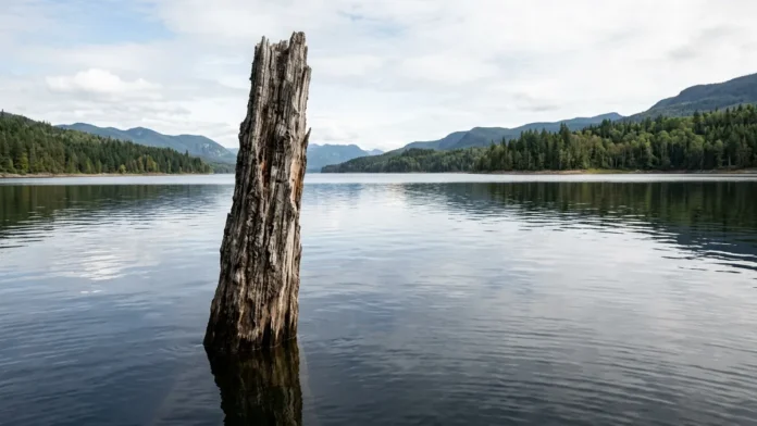 1 árvore permanece na superfície do lago décadas após o alagamento e interfere em 2 atividades, a navegação e a pesca