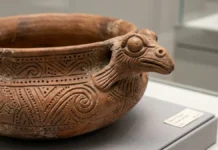 Uma vasilha da cultura Santarém recebe apêndice zoomorfo na borda, combina duas técnicas e transforma recipiente em cena Uma vasilha da cultura Santarém recebe apêndice zoomorfo na borda, combina duas técnicas e transforma recipiente em cena