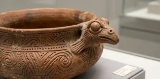 Uma vasilha da cultura Santarém recebe apêndice zoomorfo na borda, combina duas técnicas e transforma recipiente em cena Uma vasilha da cultura Santarém recebe apêndice zoomorfo na borda, combina duas técnicas e transforma recipiente em cena