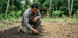 Agricultor amazônico encontra uma mancha escura, compara texturas e mantém a roça fértil sem correção do solo Agricultor amazônico encontra 1 mancha escura, compara 2 texturas e mantém a roça fértil sem correção do solo