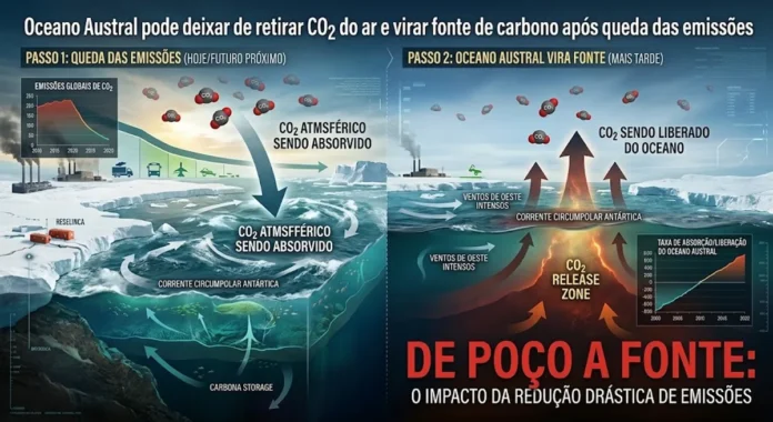 Oceano Austral pode deixar de retirar CO2 do ar e virar fonte de carbono após queda das emissões Oceano Austral pode deixar de retirar CO2 do ar e virar fonte de carbono após queda das emissões