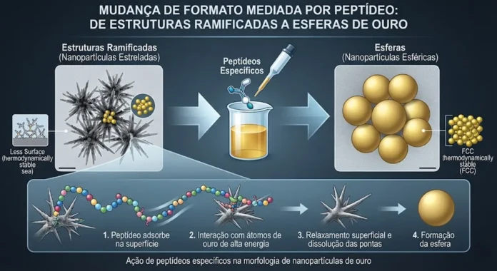 Peptídeos mudam o formato de nanopartículas de ouro e fazem estruturas ramificadas virarem esferas