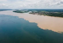 Tapajós azul e Amazonas barrento correm lado a lado por até 10 quilômetros em Santarém antes de misturar suas águas Tapajós azul e Amazonas barrento correm lado a lado por até 10 quilômetros em Santarém antes de misturar suas águas