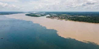 Tapajós azul e Amazonas barrento correm lado a lado por até 10 quilômetros em Santarém antes de misturar suas águas Tapajós azul e Amazonas barrento correm lado a lado por até 10 quilômetros em Santarém antes de misturar suas águas