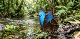 Borboleta-azul da Amazônia parece ter asas coloridas, mas microscopia revela que o azul nasce da estrutura das escamas e desaparece por baixo Borboleta-azul da Amazônia parece ter asas coloridas, mas microscopia revela que o azul nasce da estrutura das escamas e desaparece por baixo
