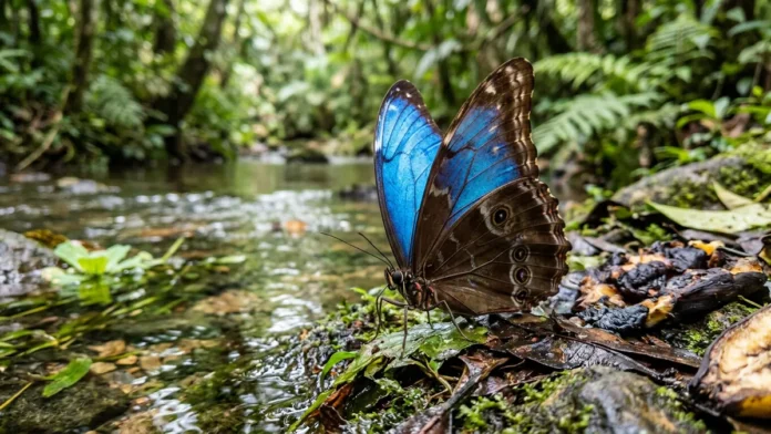 Borboleta-azul da Amazônia parece ter asas coloridas, mas microscopia revela que o azul nasce da estrutura das escamas e desaparece por baixo Borboleta-azul da Amazônia parece ter asas coloridas, mas microscopia revela que o azul nasce da estrutura das escamas e desaparece por baixo