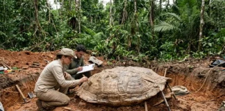 Carapaça de 1,70 metro encontrada no Acre pertenceu à maior tartaruga de água doce, com casco estimado em quase três metros Carapaça de 1,70 metro encontrada no Acre pertenceu à maior tartaruga de água doce, com casco estimado em quase três metros