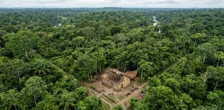 Laser sobrevoa Rondônia e encontra sob a mata a cidade colonial de Lamego, com ruas traçadas e uma casa de pau a pique Laser sobrevoa Rondônia e encontra sob a mata a cidade colonial de Lamego, com ruas traçadas e uma casa de pau a pique