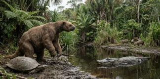 No Mioceno, preguiças terrestres de até seis metros e tartarugas gigantes dividiam pântano amazônico com o Purussaurus No Mioceno, preguiças terrestres de até seis metros e tartarugas gigantes dividiam pântano amazônico com o Purussaurus