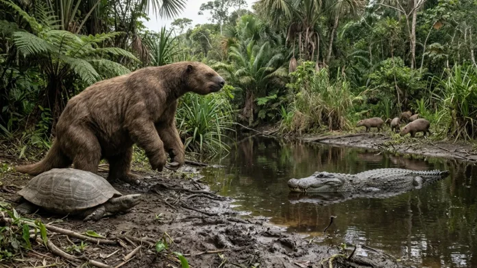 No Mioceno, preguiças terrestres de até seis metros e tartarugas gigantes dividiam pântano amazônico com o Purussaurus No Mioceno, preguiças terrestres de até seis metros e tartarugas gigantes dividiam pântano amazônico com o Purussaurus