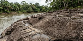 Nas Lajes, rostos retangulares e ovais dividem a rocha com animais, águas e marcas de oficina à beira do rio Nas Lajes, rostos retangulares e ovais dividem a rocha com animais, águas e marcas de oficina à beira do rio