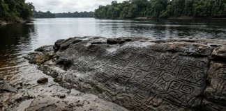 Gravuras vistas em 2010 ficam submersas por treze anos e reaparecem no rio Negro durante a seca histórica de 2023 Gravuras vistas em 2010 ficam submersas por treze anos e reaparecem no rio Negro durante a seca histórica de 2023