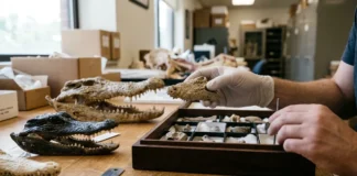 Pesquisadores comparam fragmento de focinho com acervos de vários países para nomear jacaré extinto Melanosuchus latrubessei Pesquisadores comparam fragmento de focinho com acervos de vários países para nomear jacaré extinto Melanosuchus latrubessei