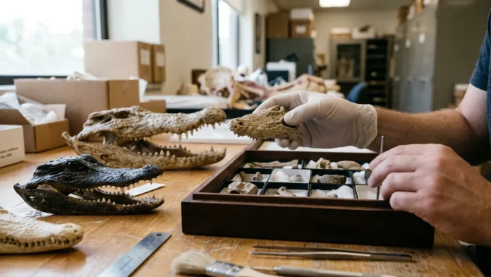 Pesquisadores comparam fragmento de focinho com acervos de vários países para nomear jacaré extinto Melanosuchus latrubessei Pesquisadores comparam fragmento de focinho com acervos de vários países para nomear jacaré extinto Melanosuchus latrubessei