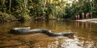 Sucuri de grande porte atravessa balneário no Pará a poucos metros de banhistas e segue pela água sem atacar ninguém Sucuri de grande porte atravessa balneário no Pará a poucos metros de banhistas e segue pela água sem atacar ninguém