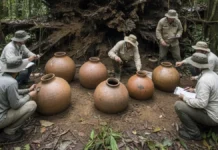 Árvore tomba em várzea de Fonte Boa e raízes expõem sete urnas funerárias indígenas durante escavação do Instituto Mamirauá Árvore tomba em várzea de Fonte Boa e raízes expõem sete urnas funerárias indígenas durante escavação do Instituto Mamirauá