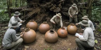 Árvore tomba em várzea de Fonte Boa e raízes expõem sete urnas funerárias indígenas durante escavação do Instituto Mamirauá Árvore tomba em várzea de Fonte Boa e raízes expõem sete urnas funerárias indígenas durante escavação do Instituto Mamirauá