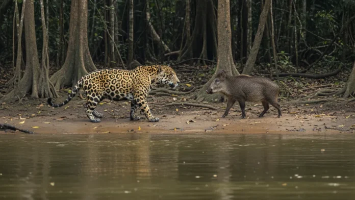 Onça-pintada sai do Rio Acre e corre atrás de porco-do-mato a 150 metros da base, no primeiro registro da espécie na unidade