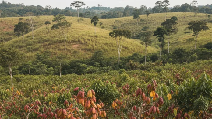 Mapeamento reúne 121 mil hectares de cacau no Pará e em Rondônia e mostra cultivo avançando sobre pastagens, sem derrubar floresta nativa Mapeamento reúne 121 mil hectares de cacau no Pará e em Rondônia e mostra cultivo avançando sobre pastagens, sem derrubar floresta nativa