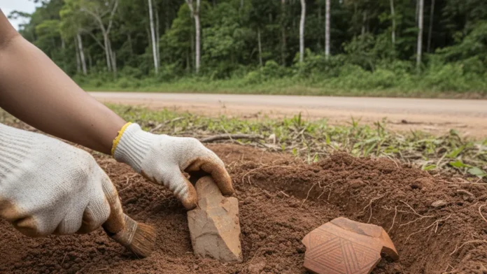Escavação manual no sul do Amapá encontra ponta de flecha e base de vasilha, enquanto marcas preservadas revelam dificuldades de fabricação Escavação manual no sul do Amapá encontra ponta de flecha e base de vasilha, enquanto marcas preservadas revelam dificuldades de fabricação