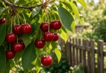 Ele viu as cerejas vermelhas pendendo sobre o próprio jardim e pensou que já eram suas; na França colher o fruto ainda preso ao galho do vizinho é proibido e só o que cai sozinho no chão passa a ser seu Cerejas vermelhas maduras pendendo de galho sobre cerca de madeira em quintal ensolarado