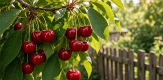 Ele viu as cerejas vermelhas pendendo sobre o próprio jardim e pensou que já eram suas; na França colher o fruto ainda preso ao galho do vizinho é proibido e só o que cai sozinho no chão passa a ser seu Cerejas vermelhas maduras pendendo de galho sobre cerca de madeira em quintal ensolarado