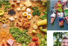 Dietas mais saudáveis e sustentáveis poderiam remodelar a agricultura global Mesa vista de cima com legumes, frutas, grãos e ovos