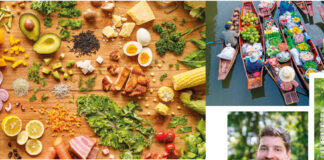 Dietas mais saudáveis e sustentáveis poderiam remodelar a agricultura global Mesa vista de cima com legumes, frutas, grãos e ovos