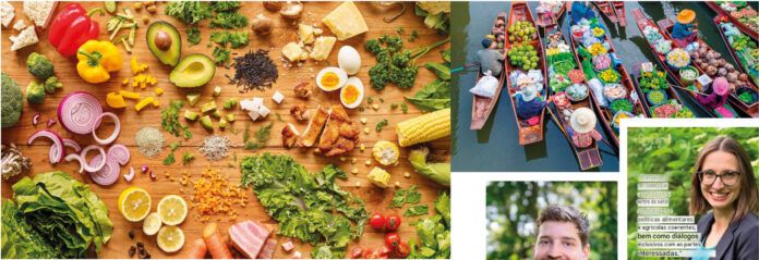 Dietas mais saudáveis e sustentáveis poderiam remodelar a agricultura global Mesa vista de cima com legumes, frutas, grãos e ovos