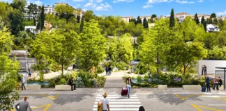 Estacionamento de estação de trem vai perder asfalto e carros para dar lugar a jardim que absorve água da chuva e ajuda a refrescar o entorno Jardim de chuva no lugar do estacionamento da estação de Grasse