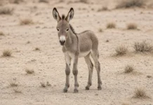 Curioso e brincalhão, conheça o primeiro burro selvagem que nasce na Arábia Saudita em mais de 100 anos Imagem horizontal 16:9 com o filhote de onagro no centro do enquadramento, em terreno arenoso aberto, luz natural, sem marcações gráficas.