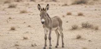 Curioso e brincalhão, conheça o primeiro burro selvagem que nasce na Arábia Saudita em mais de 100 anos Imagem horizontal 16:9 com o filhote de onagro no centro do enquadramento, em terreno arenoso aberto, luz natural, sem marcações gráficas.