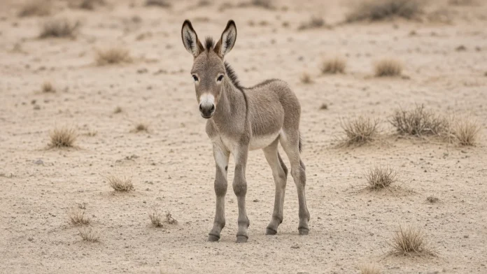 filhote-onagro-arabia-saudita-burro-selvagem-jpg Imagem horizontal 16:9 com o filhote de onagro no centro do enquadramento, em terreno arenoso aberto, luz natural, sem marcações gráficas.