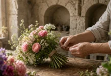 Há 100 anos, ele caminhava por dias puxando uma carroça para abastecer a floricultura da família enquanto as flores voltavam de trem; quatro gerações depois, a loja continua aberta no mesmo endereço no litoral da França Mãos amarrando um buquê sobre o balcão de uma floricultura antiga com arcos de pedra ao fundo