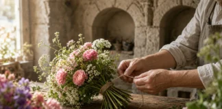 Há 100 anos, ele caminhava por dias puxando uma carroça para abastecer a floricultura da família enquanto as flores voltavam de trem; quatro gerações depois, a loja continua aberta no mesmo endereço no litoral da França Mãos amarrando um buquê sobre o balcão de uma floricultura antiga com arcos de pedra ao fundo