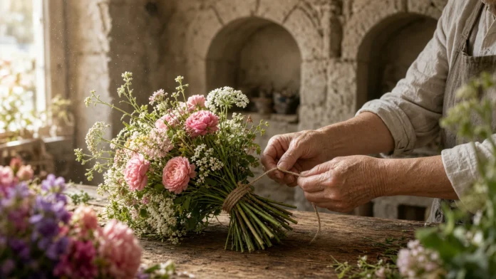 floricultura-familia-100-anos-flores-arco-original-litoral-franca Mãos amarrando um buquê sobre o balcão de uma floricultura antiga com arcos de pedra ao fundo