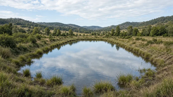 lagoas-peixes-habitats-umidos-vale-fontes-israel Imagem horizontal 16:9 com habitat úmido centralizado, água rasa e margens naturais no sítio de antigas lagoas de aquicultura, sem marcas gráficas.