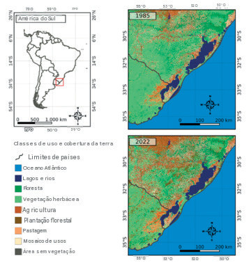 Mais de 100 lagos sul-americanos podem se tornar observatórios de alerta precoce para as mudanças climáticas 2 Localização dos SA-CSSL — Lagos Subtropicais Rasos Costeiros do Sul da América, com classes de uso e cobertura do solo e sua alteração de 1985 a 2022.