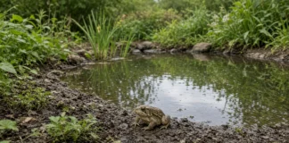 Um trabalho escolar virou lago no quintal: 9 anos depois, sapos, rãs, insetos e aves transformaram o espaço em um microecossistema vivo na Virgínia. Imagem limpa em 16:9 mostra o pequeno lago no centro do enquadramento, bordas de pedra e vegetação nativa, superfície da água em destaque e um anfíbio visível na margem, sem textos ou marcações.