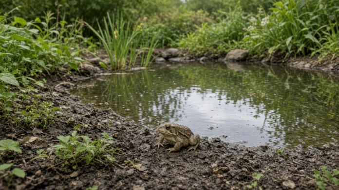 maggies-pond-ecossistema-virginia-sapos-jpg Imagem limpa em 16:9 mostra o pequeno lago no centro do enquadramento, bordas de pedra e vegetação nativa, superfície da água em destaque e um anfíbio visível na margem, sem textos ou marcações.