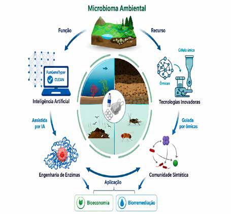 Micróbios pegam carona no plástico que desce os rios amazônicos 2 A rota da biodegradação: micróbios do ambiente são estudados por ferramentas de ômica, inteligência artificial e engenharia de enzimas para construir comunidades sintéticas voltadas à bioeconomia e à recuperação ambiental.