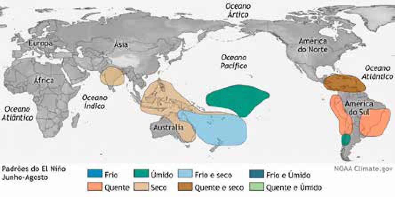 Nem tudo é culpa do El Niño 1 Padrões de temperatura e chuva típicos de junho a agosto durante o El Niño, segundo o Centro de Previsão Climática dos Estados Unidos. Boa parte da América do Sul aparece como área mais quente.