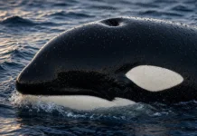 Elas descendem de animais que já caminharam em terra, mas hoje podem morrer simplesmente por permanecer tempo demais sobre a areia: cientistas explicam por que baleias, orcas e golfinhos cruzaram um ponto sem volta na evolução Orca emergindo na superfície do oceano com pele molhada e olhar visível