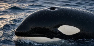 Elas descendem de animais que já caminharam em terra, mas hoje podem morrer simplesmente por permanecer tempo demais sobre a areia: cientistas explicam por que baleias, orcas e golfinhos cruzaram um ponto sem volta na evolução Orca emergindo na superfície do oceano com pele molhada e olhar visível