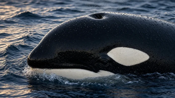 orca-ponto-nao-retorno-evolutivo-oceano Orca emergindo na superfície do oceano com pele molhada e olhar visível