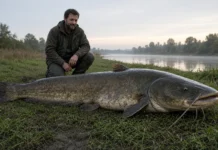 Um pescador saiu para pegar carpas e acabou lutando por mais de 20 minutos com um peixe de mais de 100 kg; na noite seguinte voltou ao mesmo ponto e bateu o próprio recorde com outro gigante de cerca de 120 kg, na França Pescador ao lado de siluro gigante capturado perto de Chinon na França