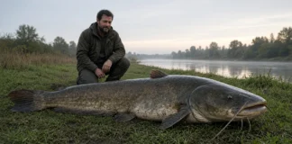 Um pescador saiu para pegar carpas e acabou lutando por mais de 20 minutos com um peixe de mais de 100 kg; na noite seguinte voltou ao mesmo ponto e bateu o próprio recorde com outro gigante de cerca de 120 kg, na França Pescador ao lado de siluro gigante capturado perto de Chinon na França