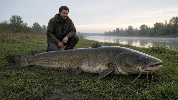 Pescador ao lado de siluro gigante capturado perto de Chinon na França